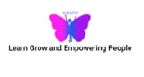 Butterfly logo in magenta and teal with Learn Grow and Empowering People text below